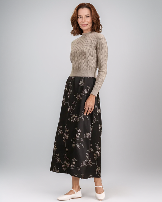 Avenelle Dames Herfst Elegant Bloemig Jurk met Gebreide Top