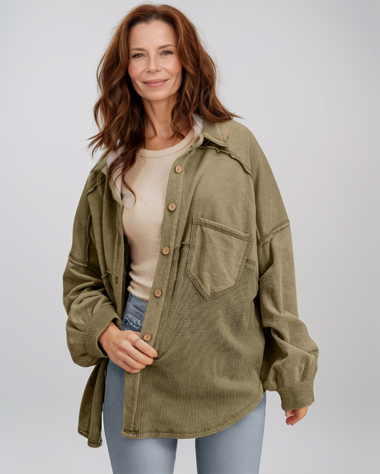 Avenelle Dames Herfst Moss Green Oversized Waffle-Patchwork Shacket