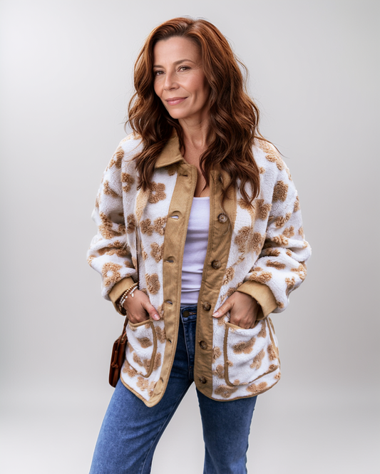 Avenelle Dames Winter Beige Fleecejack met Bloemenprint en Knopen