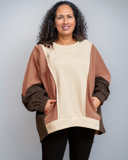 Avenelle Dames Winter Casual Oversized Bruine Hoodie met Kleurblokken en Open Naad