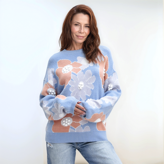 Avenelle Dames Winter Elegante Blauwe Trui met Bloemenaccenten