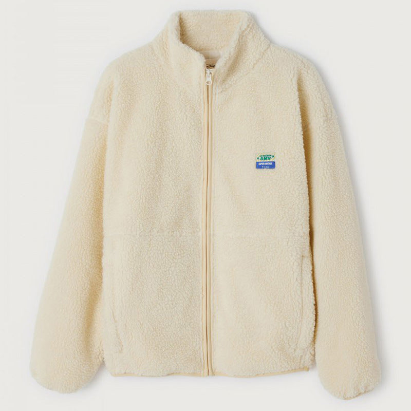 Crème Fleece Jas met Opstaande Kraag – Casual Rits