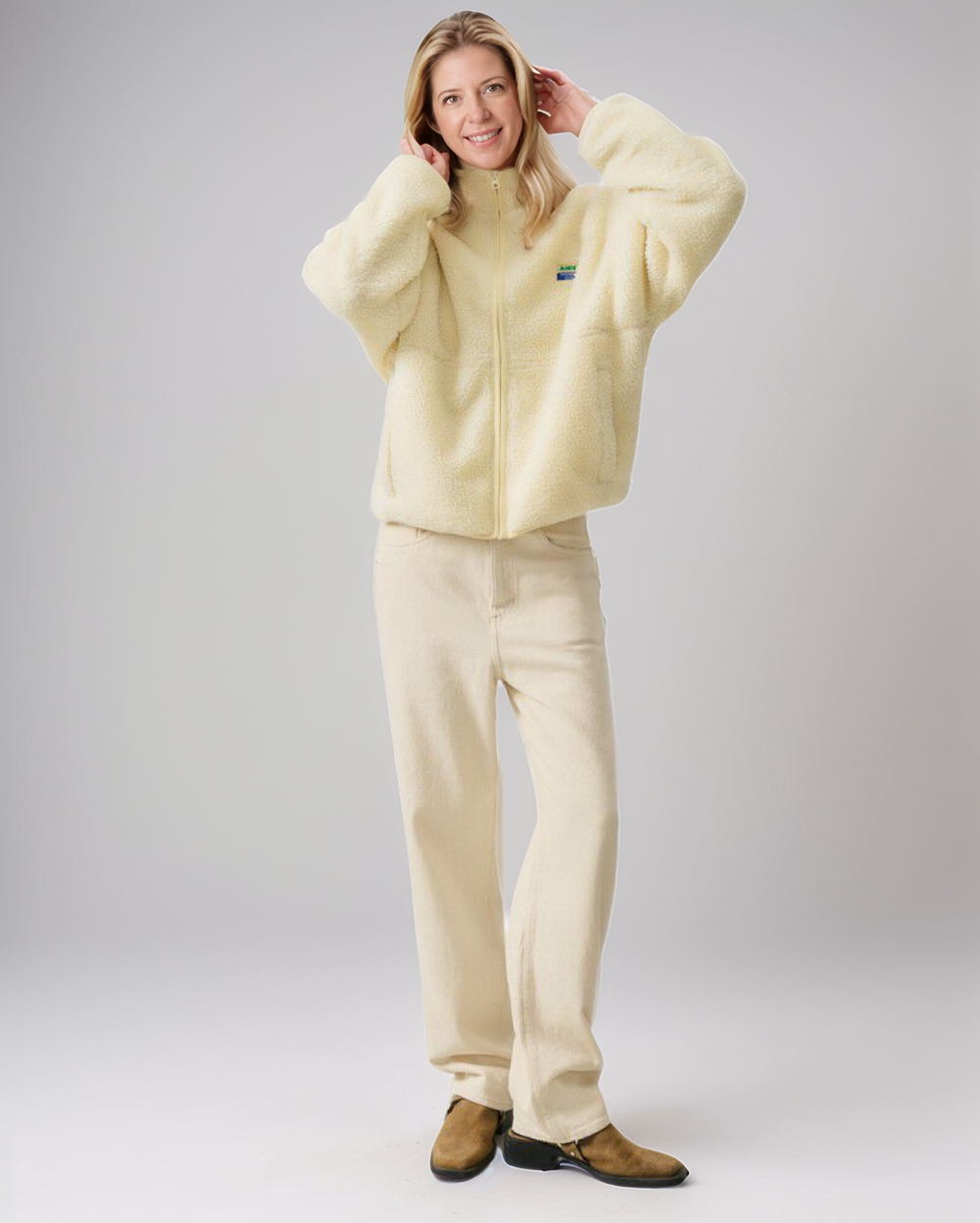 Crème Fleece Jas met Opstaande Kraag – Casual Rits