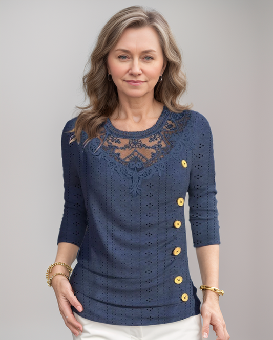 Elegante Kanten Knopen T-shirt – Dames Herfst