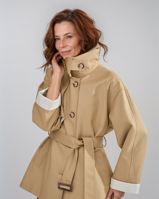 Elegante Patchwork Trenchcoat Dames – Met Riem en Lapels