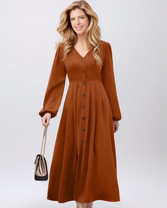 Modiluxa Dames Lente Casual V-hals Midi Jurk met Lange Mouwen
