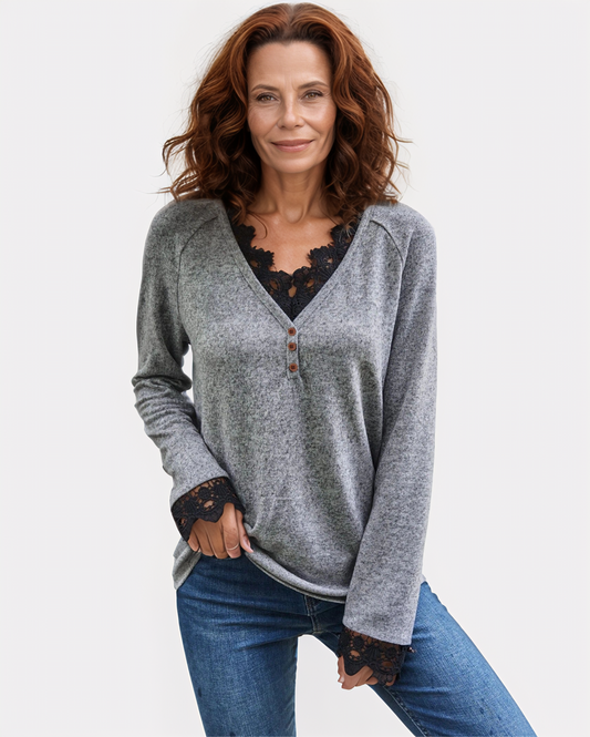 Modiluxa Dames Casual V-Hals Top met Kantdetails